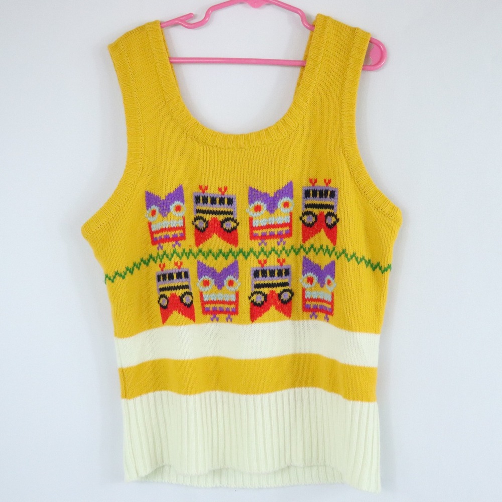 VTG 70s Kimlon RBK Importers Knit Yellow Owl Sweater Vest Large Retro Indie